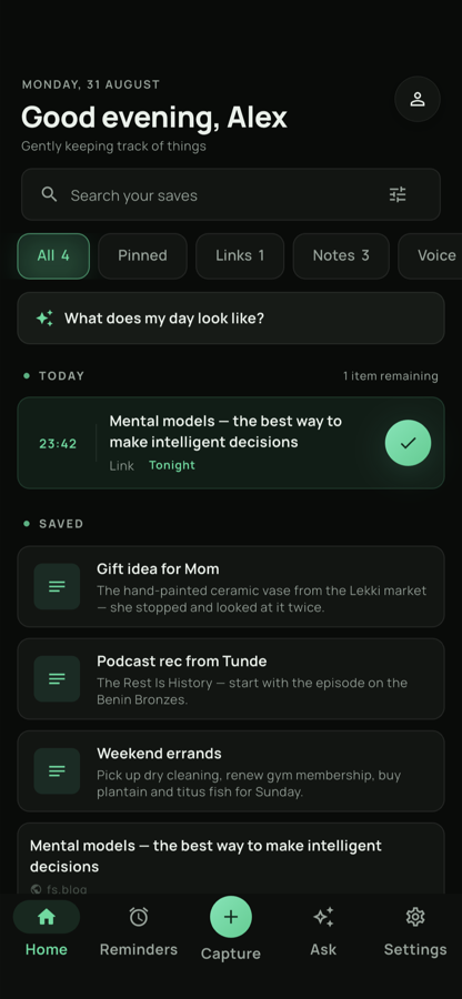 Buddie's Today screen listing saved links and notes, with an overdue reminder card at the top