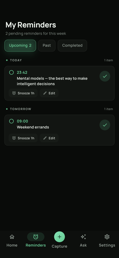 The reminders screen showing scheduled and completed reminders with snooze controls