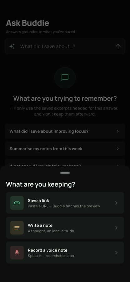 The capture sheet offering a link, a note, a voice note or a photo